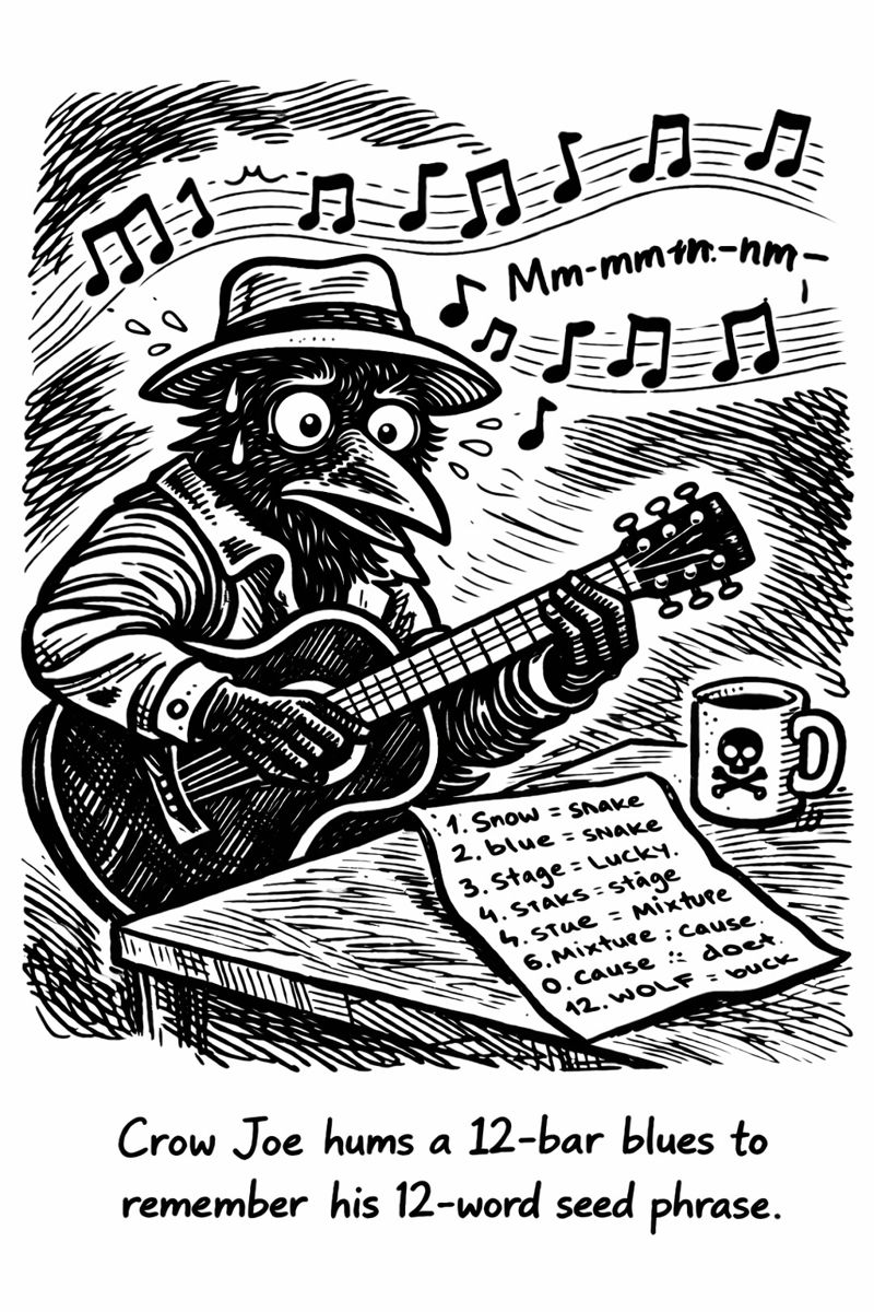 crow joe in the age of ai comic - crow joe the blues playing crow is sitting in front of a piece of paper with 12 words written on it.  it is his bitcoin seed phrase and he is trying to memorize it by humming a 12 bar blues.  blues traditionally have 12 bars and bitcoin seed phrases are 12 words.  crow joe looks stressed, self custody is a lot of personal responsibility